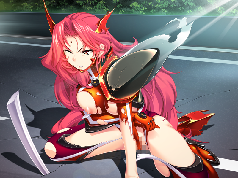 1girl armor breasts broken clenched_teeth defeated large_breasts long_hair maika mole niizuma_tokusou_patoreiza_~ryakudatsu_tengoku_hen~ nipples red_eyes red_hair sakura_romako teeth warrior