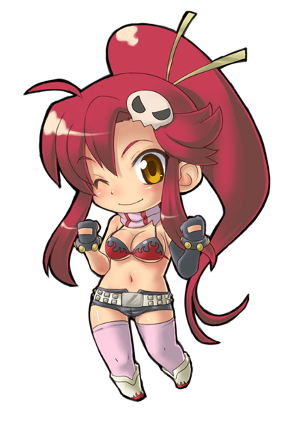 ahoge belt bikini_top boots chibi gloves hair_ornament long_hair midriff one_eye_closed pink_legwear ponytail red_hair rokko scarf shorts solo tengen_toppa_gurren_lagann thighhighs yellow_eyes yoko_littner