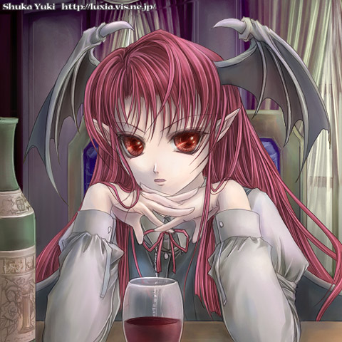 alcohol bat_wings bottle demon_girl gendou_pose hands_clasped head_wings koakuma long_hair lowres own_hands_together red_eyes red_hair solo touhou wine wings yuki_shuuka