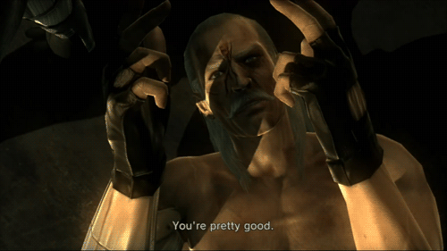 animated animated_gif blood facial_hair fingerless_gloves gloves grey_hair liquid_ocelot lowres lying metal_gear_(series) metal_gear_solid_4 mustache revolver_ocelot