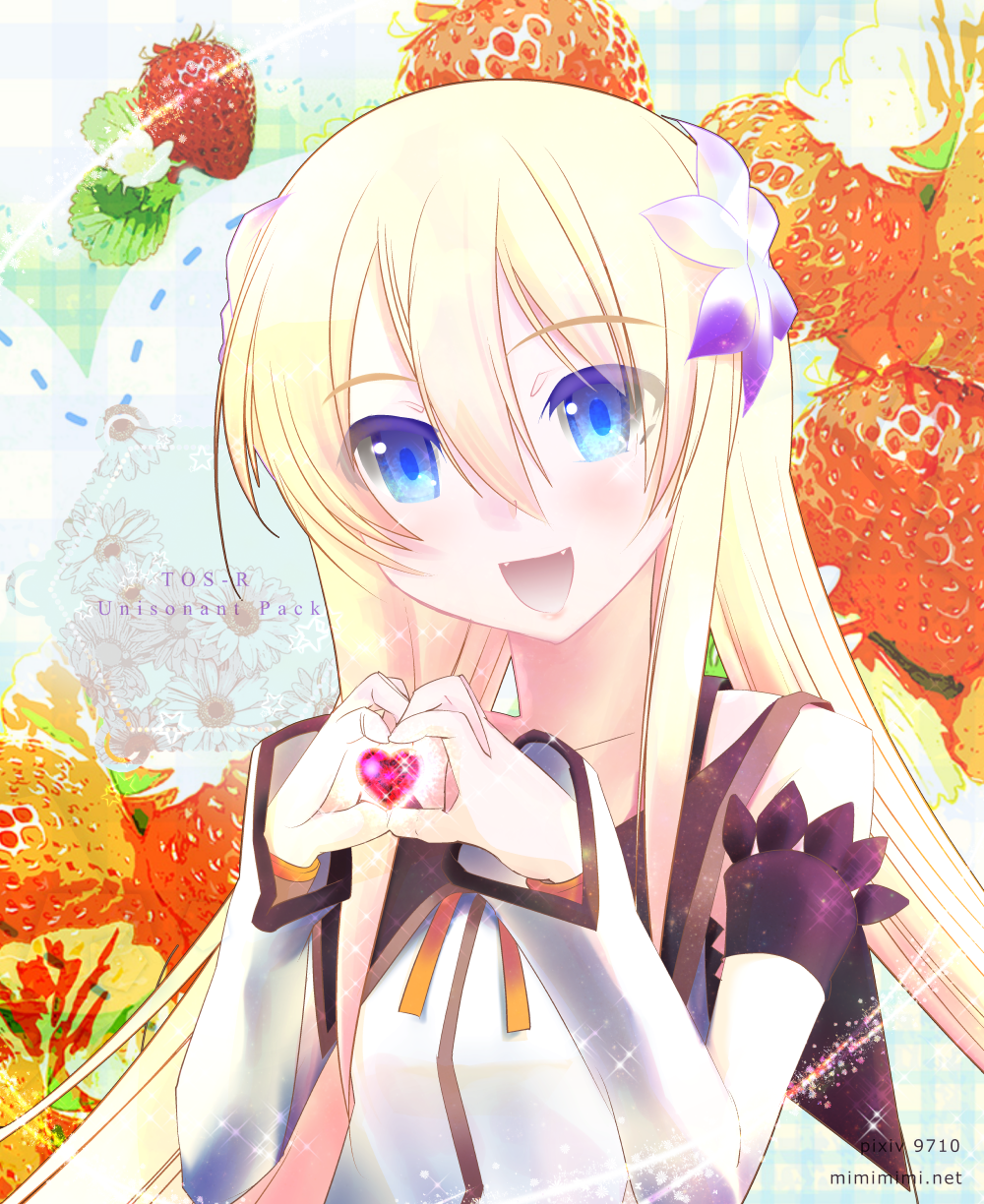 1girl blue_eyes fangs flower food fruit hair_flower hair_flowers hair_ornament highres long_hair marta_lualdi narita_riuku strawberries strawberry tales_of_(series) tales_of_symphonia tales_of_symphonia_knight_of_ratatosk