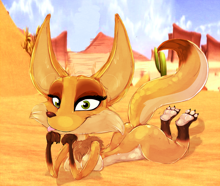 canine desert female fox herro hindpaw lying mammal oscar's_oasis oscar's_oasis pawpads paws popy sand solo tongue tongue_out warm_colors wide_hips