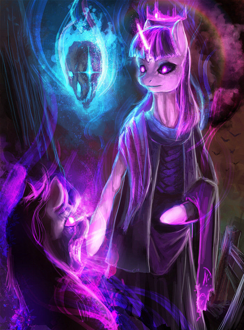 crown duo elkaart equine female flames friendship_is_magic fur glowing glowing_eyes hair horn horse long_hair magic mammal multi-colored_hair my_little_pony open_mouth pony purple_eyes purple_fur purple_hair robs skull twilight_sparkle_(mlp) unicorn