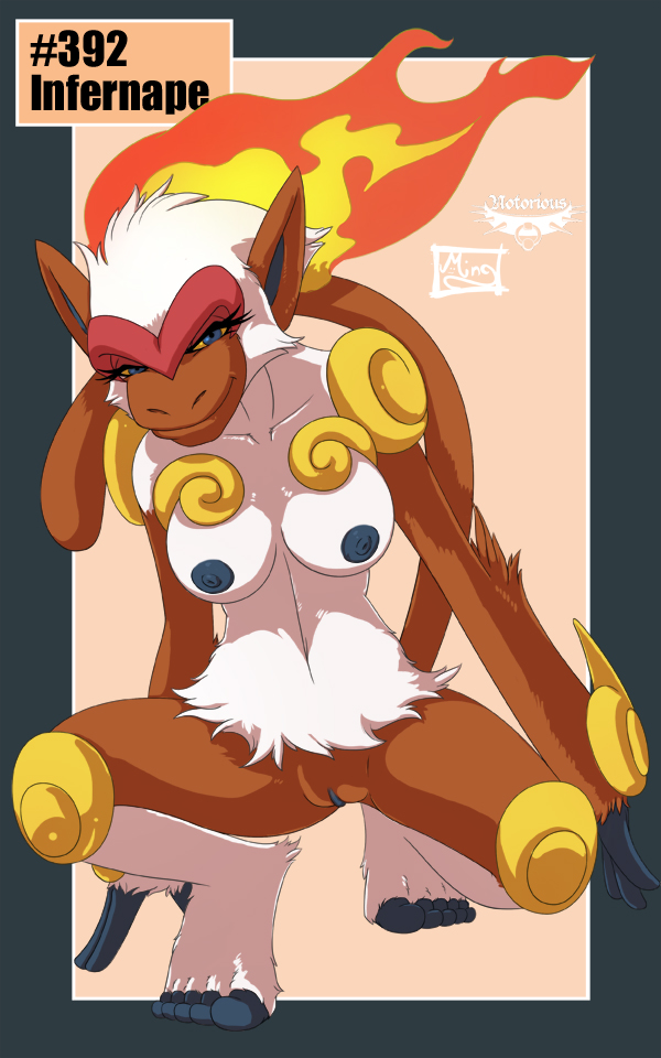 barefoot blue_eyes breasts brown_fur brown_nose english_text eyelashes female feral fire fur hair happy infernape looking_at_viewer mammal mingchee monkey navel nintendo nipples notorious84 nude number pink_background plain_background pok&#233;mon pok&eacute;mon primate pussy shadow shiny short_hair smile solo spread_legs spreading text the_pokedex_project toes video_games white_fur white_hair yellow_eyes