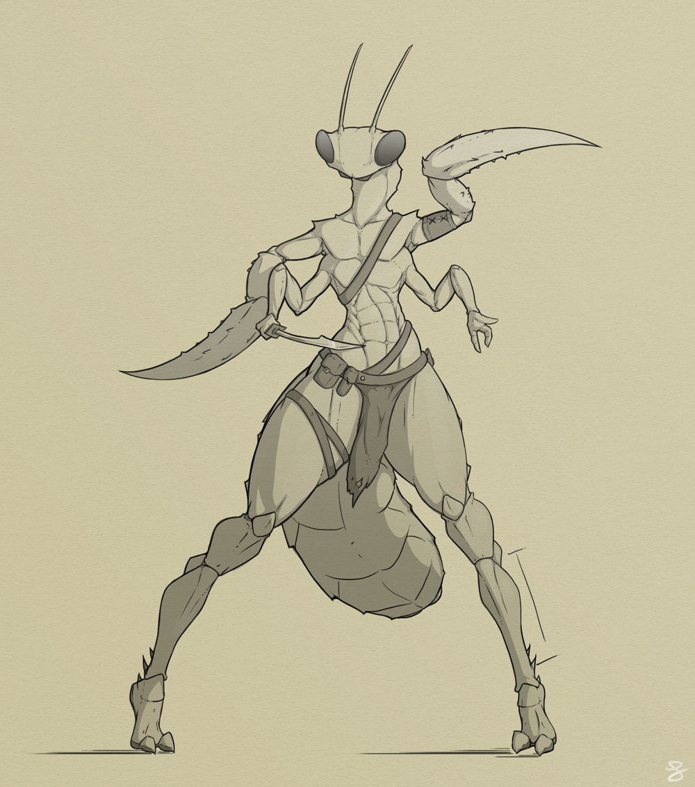 ambiguous_gender antennae anthro arthropod digitigrade front_view insect insectoid loincloth mantis monochrome multi_limb multiple_arms sentientsocks sepia solo sword weapon wide_hips