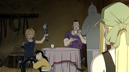 -u- 1girl 4boys :d alphonse_elric animated animated_gif automail bandage bandanna black_hair blonde_hair blue_eyes chains chair close-up cup d: earrings edward_elric fear fullmetal_alchemist garfiel jewelry ling_yao lipstick lowres makeup multiple_boys o.o o_o oh_shit open_mouth scared shirt sleeveless sleeveless_shirt smile sweatdrop table tank_top teacup winry_rockbell wire wires