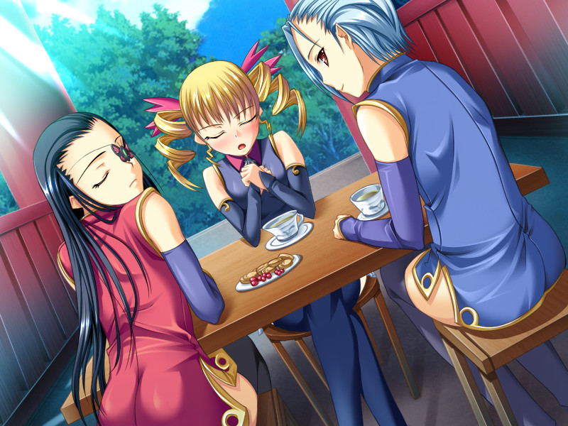 3girls black_hair blonde_hair blue_hair brown_eyes eyepatch eyes_closed game_cg hikage_eiji kakouen kakouton koihime_musou multiple_girls sousou table