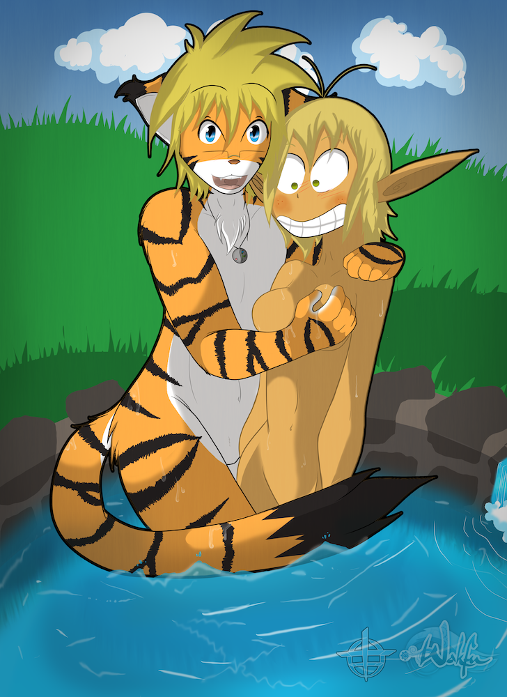 anthro black_fur blonde_hair blue_eyes breast_grab breasts cloud duo evangeline eyewear feline female fur grass hair leoian leoian_(character) looking looking_at_viewer male mammal necklace orange_fur outside shocked sky stripes tiger wakfu water