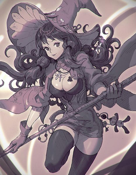 breast_tattoo breasts cleavage dress gloves hat kilart large_breasts long_hair monochrome original short_dress sidelocks smile solo staff tattoo thighhighs voodoo_doll witch witch_hat