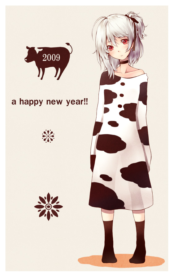 2009 ahoge animal_print choker copyright_request cow_print dress face hair_ribbon happy_new_year new_year red_eyes ribbon silver_hair socks solo standing tokunou_shoutarou