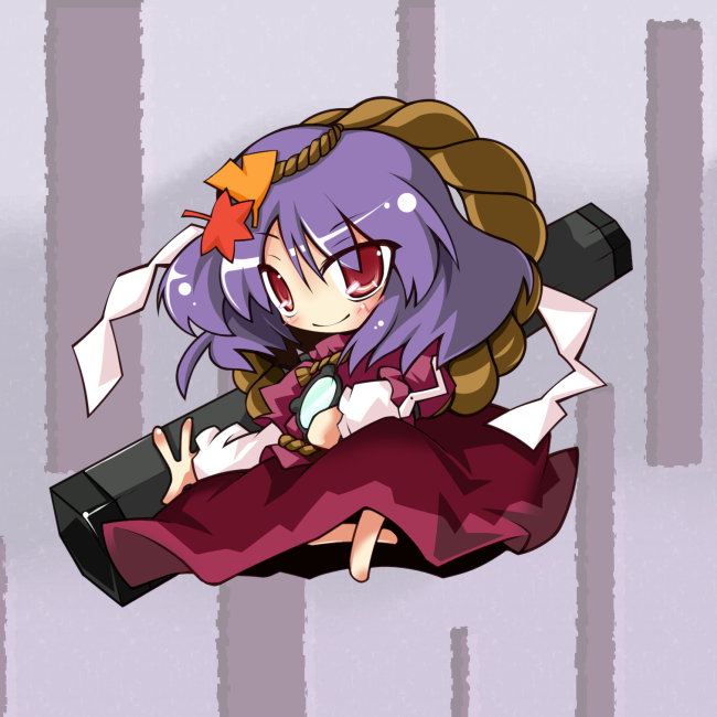 barefoot chibi hair_ornament leaf_hair_ornament solo take_tonbo touhou yasaka_kanako