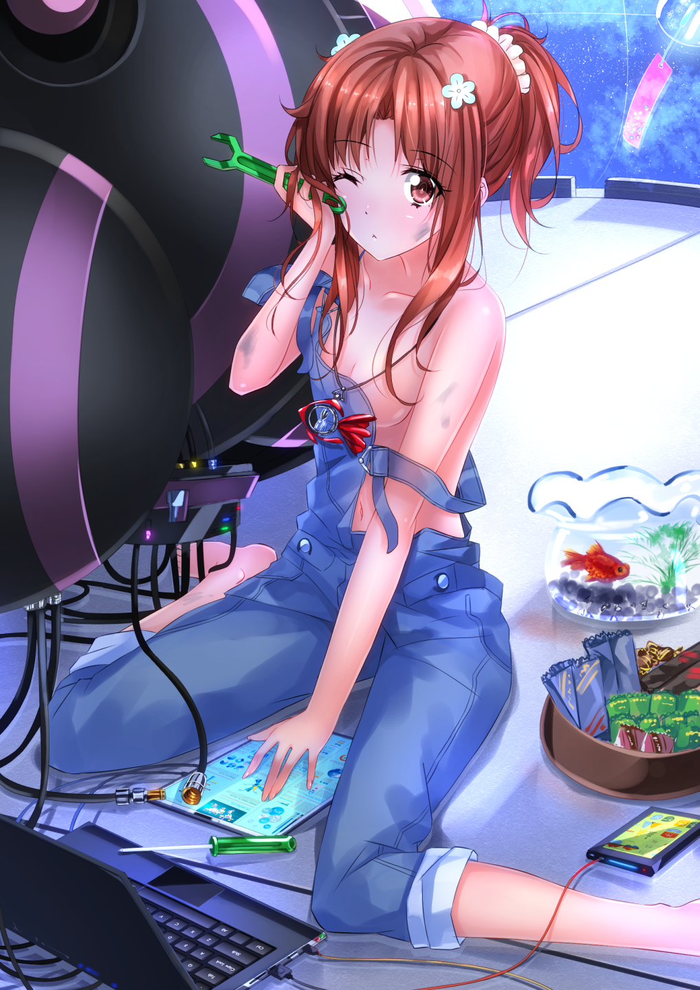 barefoot bowl box-end_wrench breasts brown_eyes brown_hair bucket cable cellphone collarbone computer fish fishbowl galilei_donna goldfish highres hozuki_ferrari jewelry laptop looking_at_viewer machinery naked_overalls necklace no_bra overalls phone screwdriver short_ponytail sitting small_breasts smartphone swordsouls tablet_pc wariza wind_chime wrench