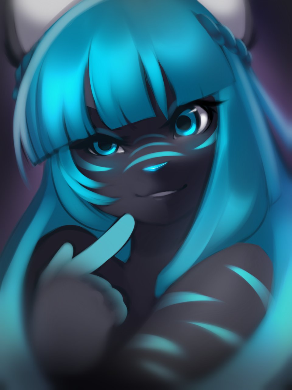 black_fur blue_nose body_markings braid bust cute cyan_eyes cyan_hair facial_markings feline female forefinger front fur hair kanel long_hair looking_at_viewer mammal markings melody nude panther playful smile solo