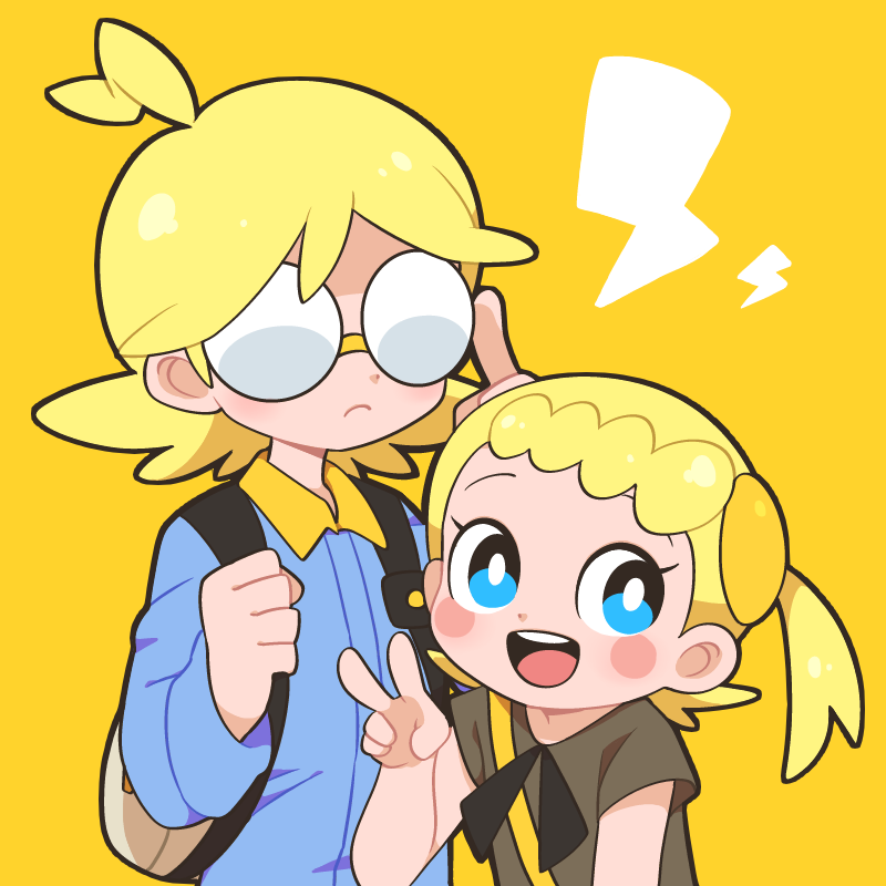 1boy 1girl ahoge bag blonde_hair blue_eyes blush_stickers brother_and_sister child citron_(pokemon) eureka_(pokemon) frown glasses jumpsuit moyori opaque_glasses open_mouth pokemon pokemon_(game) ponytail siblings side_ponytail simple_background smile standing v yellow_background
