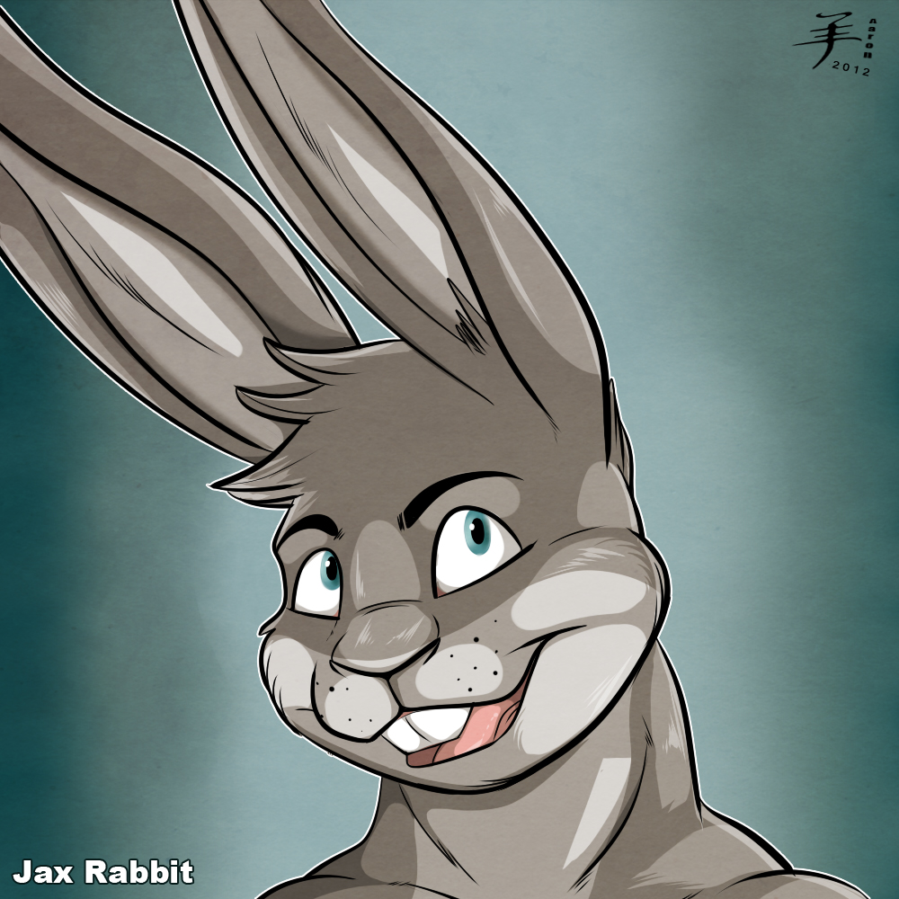 aaron_(artist) blue_eyes buckteeth bust fur gradient_background grey_fur headshot headshot_portrait jax_rabbit lagomorph male mammal muscles portrait rabbit smile solo