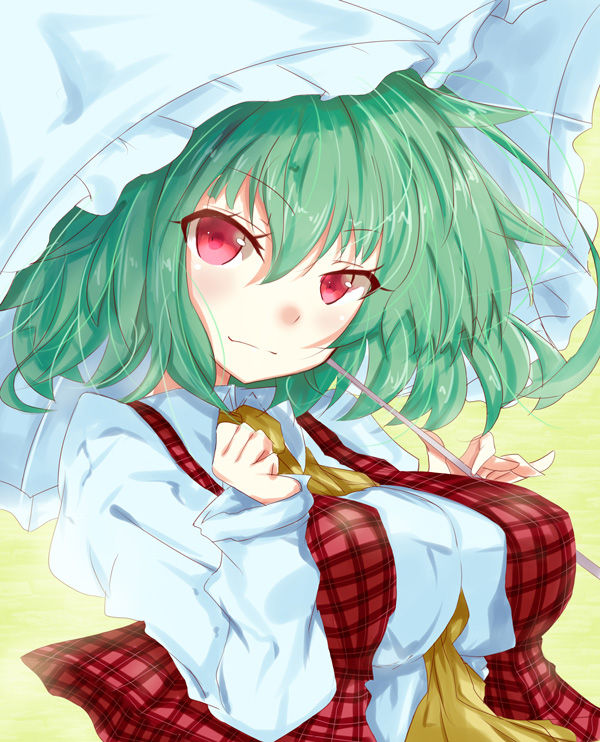 ascot between_breasts breasts checkered checkered_vest green_hair hizaka kazami_yuuka red_eyes short_hair solo touhou umbrella vest