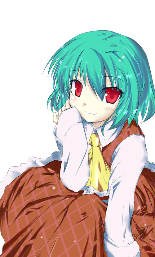 checkered checkered_skirt checkered_vest green_hair hizaka kazami_yuuka red_eyes short_hair skirt solo touhou vest