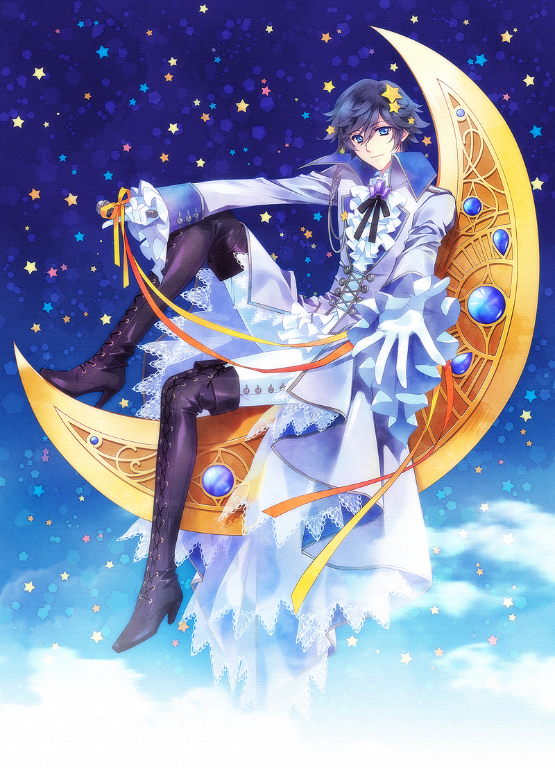 bad_id bad_pixiv_id blue_eyes blue_hair boots carnelian cloak crescent crescent_moon frilled_sleeves frills full_body ichinose_tokiya knee_up long_sleeves looking_at_viewer microphone moon sitting sky star_(sky) starry_sky thigh_boots thighhighs uta_no_prince-sama