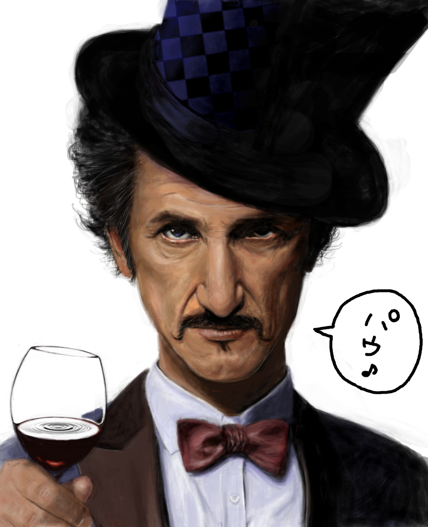 alcohol black_hair blue_eyes bow bowtie checkered cup drinking_glass facial_hair hat jojo_no_kimyou_na_bouken male_focus mustache phantom_blood photorealistic portrait realistic sean_penn seris-valentine solo top_hat will_anthonio_zeppeli wine wine_glass