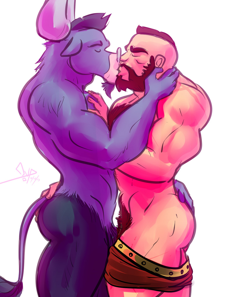 anthro beard bgn biceps bovine dialog duo embrace eyes_closed facial_hair facial_piercing friendship_is_magic gay horn human iron_will_(mlp) kissing love lying male mammal minotaur mohawk muscles my_little_pony necktie nipples nose_piercing nose_ring nude piercing pose pubes smile smirk text undressing zangief