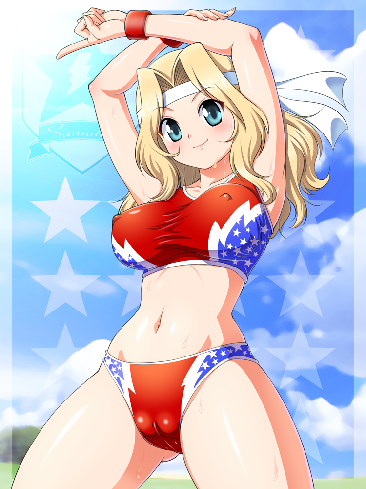 arms_up bikini blonde_hair blue_eyes blush breasts cameltoe covered_nipples girls_und_panzer headband kay_(girls_und_panzer) large_breasts long_hair looking_at_viewer navel smile solo star sweat sweatband swimsuit tanuki_yousuke wristband