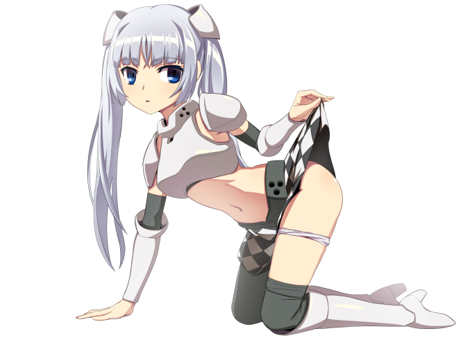 armor black_legwear blue_eyes blush boots breastplate caryo checkered full_body high_heels knee_boots kneeling long_hair midriff miss_monochrome miss_monochrome_(character) nanashino navel panties panty_pull parted_lips silver_hair simple_background skirt skirt_lift solo thighhighs twintails underwear white_background white_panties