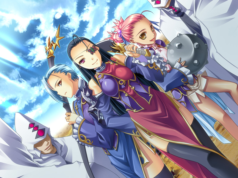 3girls black_hair blue_hair brown_eyes character_request eyepatch game_cg hikage_eiji kakouen kakouton koihime_musou kyocho_chuukou_(koihime_musou) multiple_girls pink_eyes