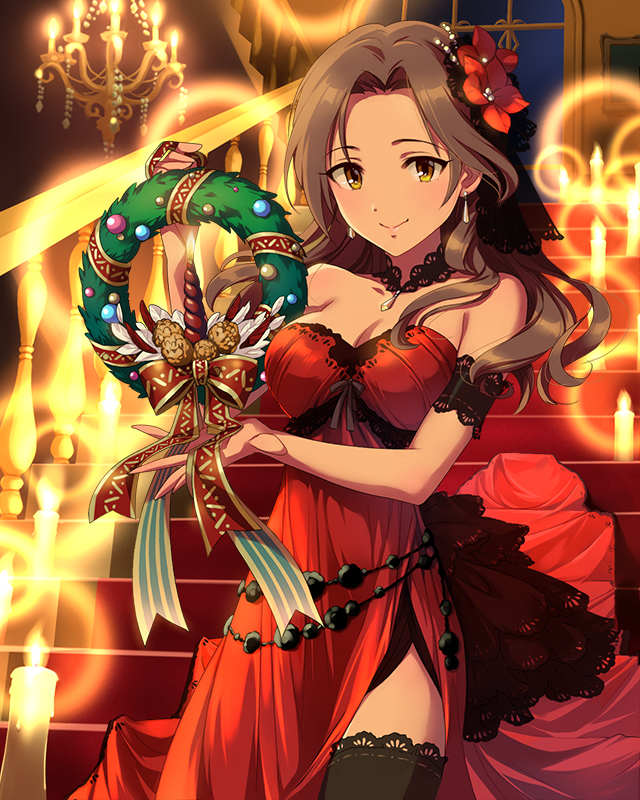 artist_request bow brown_eyes brown_hair candle christmas christmas_ornaments christmas_wreath dress earrings flower hair_flower hair_ornament idolmaster idolmaster_cinderella_girls indoors jewelry jpeg_artifacts kawashima_mizuki light_smile long_hair looking_at_viewer official_art railing red_dress ribbon solo stairs thighhighs window wreath