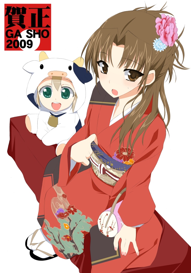 2girls amatsuka_asahi amatsuka_hikaru animal_costume baby_princess bag bell bell_collar brown_eyes brown_hair collar cow_costume flower geta green_eyes hair_flower hair_ornament japanese_clothes kimono kusaka_souji long_hair minigirl multiple_girls new_year open_mouth sandals sitting socks