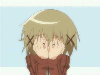 animated animated_gif blonde_hair blush brown_eyes brown_hair covering_eyes embarrassed hair_ornament hidamari_sketch lowres scared short_hair solo x_hair_ornament yuno