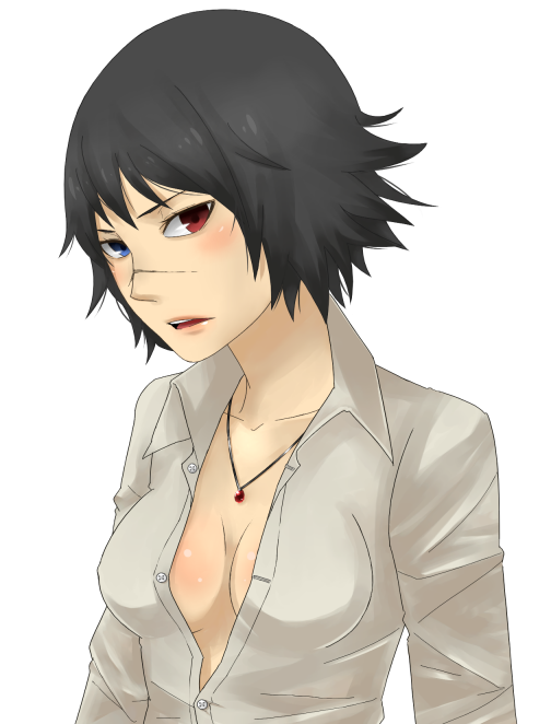 bad_id bad_pixiv_id black_hair blush devil_may_cry facial_scar heterochromia jewelry lady_(devil_may_cry) necklace nose_scar open_clothes open_shirt sasakure_(maaya) scar shirt short_hair solo