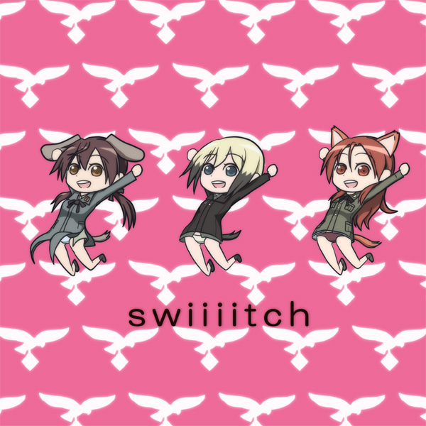 :d animal_ears arm_up ashiga_oreta beatmania beatmania_iidx cat_ears dog_ears erica_hartmann full_body gertrud_barkhorn long_sleeves looking_at_viewer minna-dietlinde_wilcke multiple_girls open_mouth parody pose smile smooooch standing strike_witches twintails world_witches_series