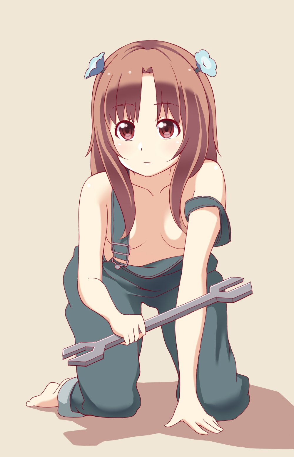 all_fours barefoot breasts brown_eyes brown_hair censored convenient_censoring galilei_donna hair_ornament highres hozuki_ferrari long_hair medium_breasts mira_(19900711) naked_overalls overalls solo strap_slip tools wrench