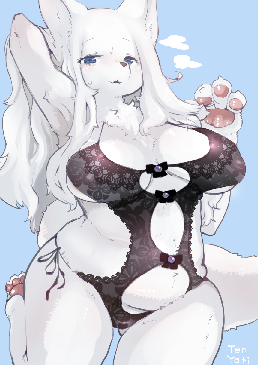 anthro blush camel_toe canid canine canis clothing domestic_dog female fur kemono lingerie mammal nipple_bulge slightly_chubby solo tenyati voluptuous white_fur