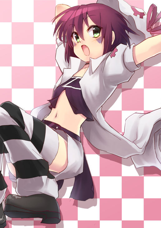 arm_behind_head checkered checkered_background facial_mark fang green_eyes hat looking_at_viewer looking_down merry_nightmare midriff navel open_mouth outstretched_arm purple_hair ribbon shoes short_hair skirt solo striped striped_legwear thighhighs type-alpha yumekui_merry