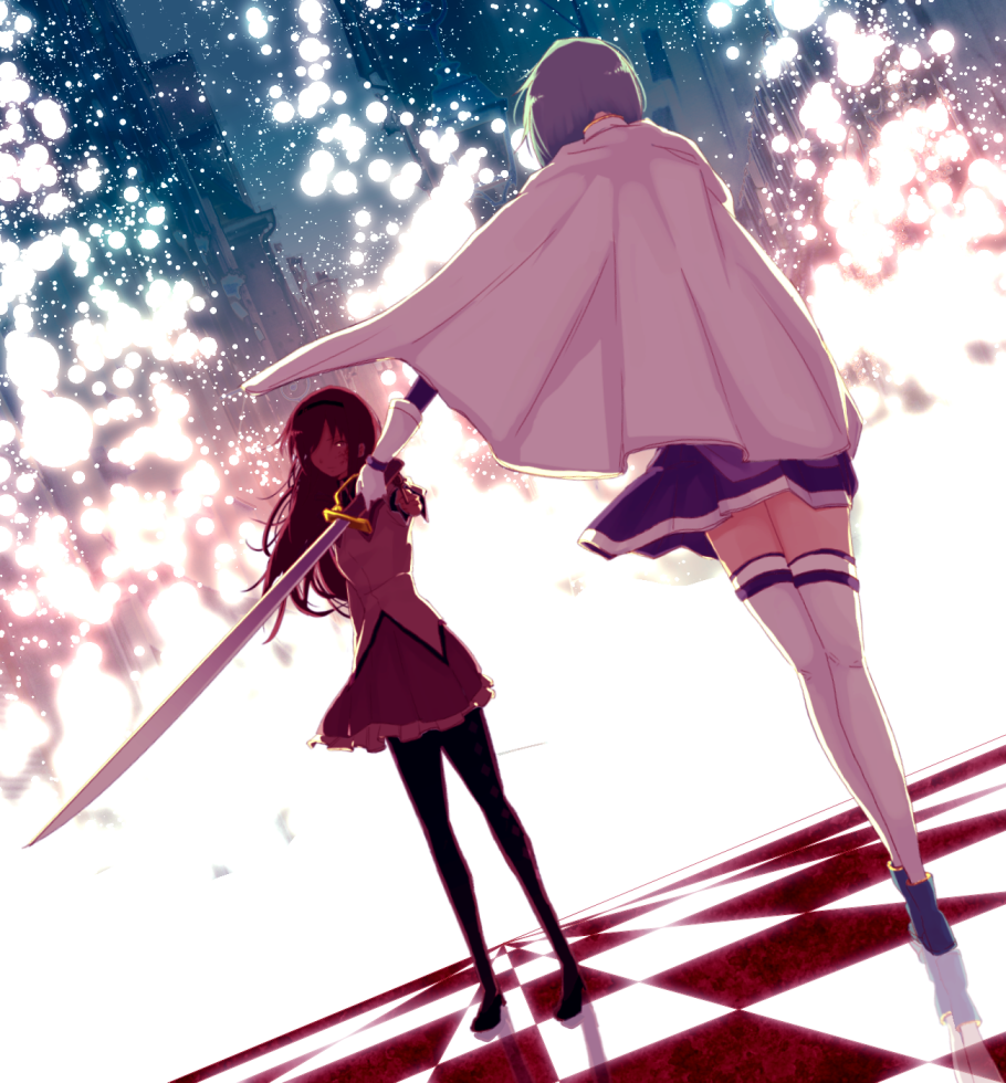 aiming akemi_homura black_hair blue_eyes blue_hair cape checkered checkered_floor gloves gun hairband long_hair magical_girl mahou_shoujo_madoka_magica miki_sayaka multiple_girls pantyhose short_hair spoilers sword takamatsuya thighhighs weapon white_gloves white_legwear