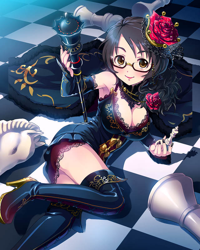 artist_request asano_fuuka black-framed_eyewear black_hair board_game breasts brown_eyes checkered checkered_floor chess chess_piece cleavage detached_sleeves floor flower glasses idolmaster idolmaster_cinderella_girls large_breasts lipstick makeup nail_polish official_art oversized_object red_flower red_rose rose scepter semi-rimless_eyewear short_hair