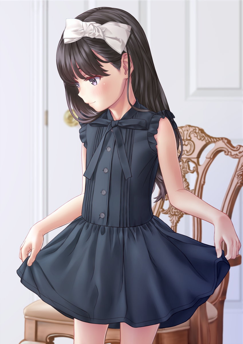 1girl aoi_kumiko bangs bare_shoulders black_dress black_eyes black_hair blush bow chair child closed_mouth commentary_request dress eyebrows_visible_through_hair hair_bow highres indoors long_hair looking_down original skirt_hold sleeveless sleeveless_dress smile solo standing white_bow