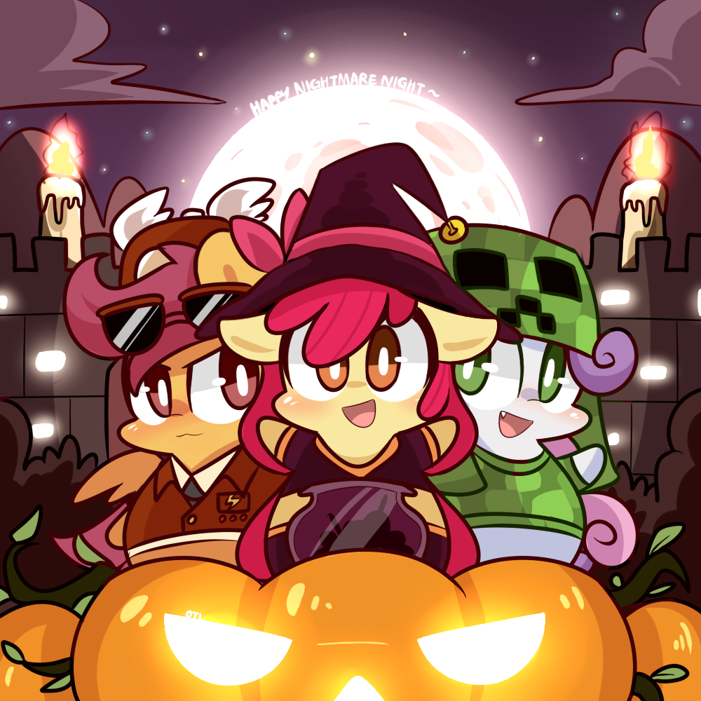 bell candle chubby clothing costume creeper cub cute cutie_mark_crusaders_(mlp) equine eyewear fangs female feral fire flames friendship_is_magic fur glasses glowing glowing_eyes green_eyes group hair halloween hat holidays horn horse jack_o'_lantern jack_o'_lantern lifeloser long_hair looking_at_viewer magic_user mammal minecraft moon my_little_pony necktie night open_mouth orange_fur outside pegasus pony pumpkin purple_eyes purple_hair red_hair scootaloo_(mlp) shirt sky smile standing stars suit sunglasses sweetie_belle_(mlp) teeth tongue unicorn video_games wings witch witch_hat young