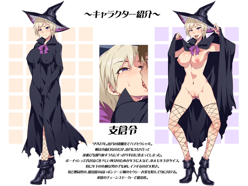 1girl blonde_hair blush breasts censored covered_nipples erect_nipples halloween hasekura_rei hat high_heels looking_at_viewer maria-sama_ga_miteru mizuryuu_kei navel nipples nude open_mouth purple_eyes pussy short_hair smile standing tongue tongue_out translation_request witch witch_hat