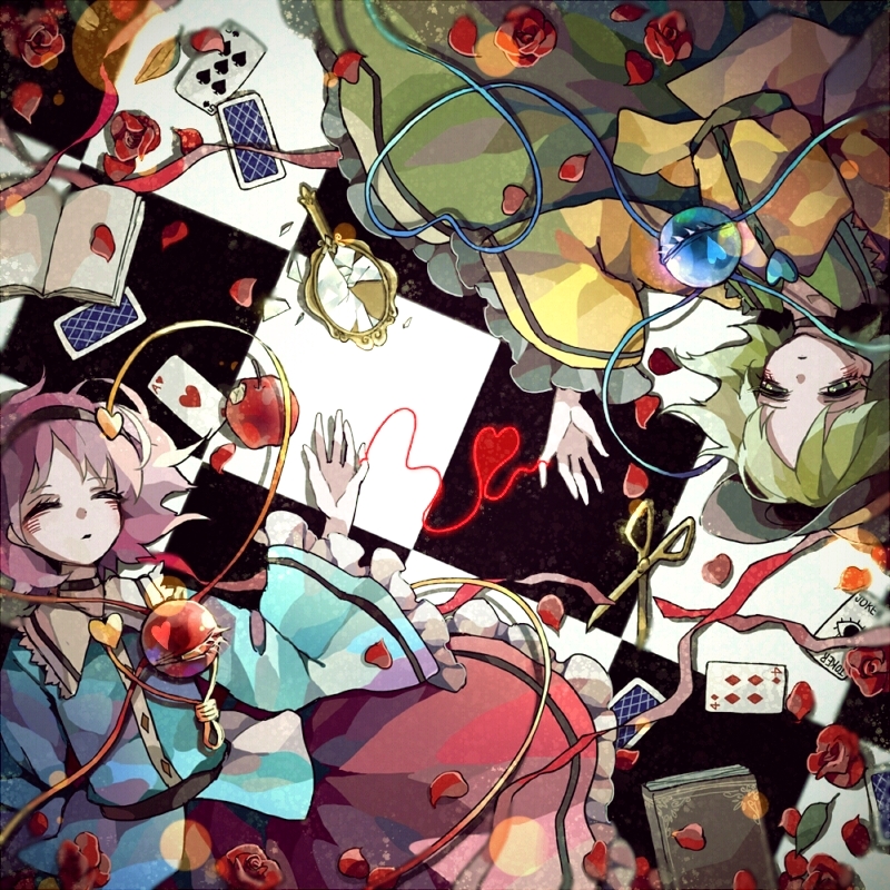 apple blouse book broken_mirror card checkered checkered_floor choker closed_eyes eyelashes flower food from_above fruit green_eyes green_hair hairband hat hat_ribbon heart heart_of_string itak69 joker komeiji_koishi komeiji_satori light_particles long_sleeves looking_at_viewer lying multiple_girls on_back open_book open_hand petals pink_hair playing_card red_flower red_rose red_string ribbon rose shards siblings sisters skirt string third_eye touhou upside-down wide_sleeves