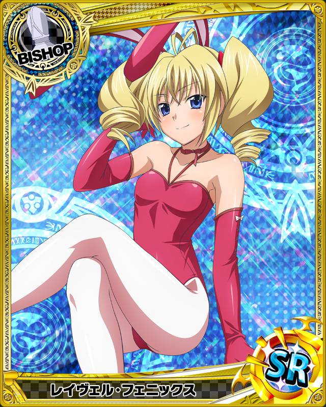 adjusting_hair alternate_costume animal_ears antenna_hair artist_request bangs bare_shoulders bishop_(chess) blonde_hair blue_background blue_eyes blush border bow breasts bunny_ears bunnysuit card_(medium) character_name checkered chess_piece choker crossed_legs drill_hair elbow_gloves fake_animal_ears gloves halterneck hand_up high_school_dxd kemonomimi_mode leotard light_smile long_legs looking_at_viewer magic_circle official_art pantyhose ravel_phenex red_leotard short_hair short_twintails sitting small_breasts smile solo sparkle trading_card twin_drills twintails white_legwear
