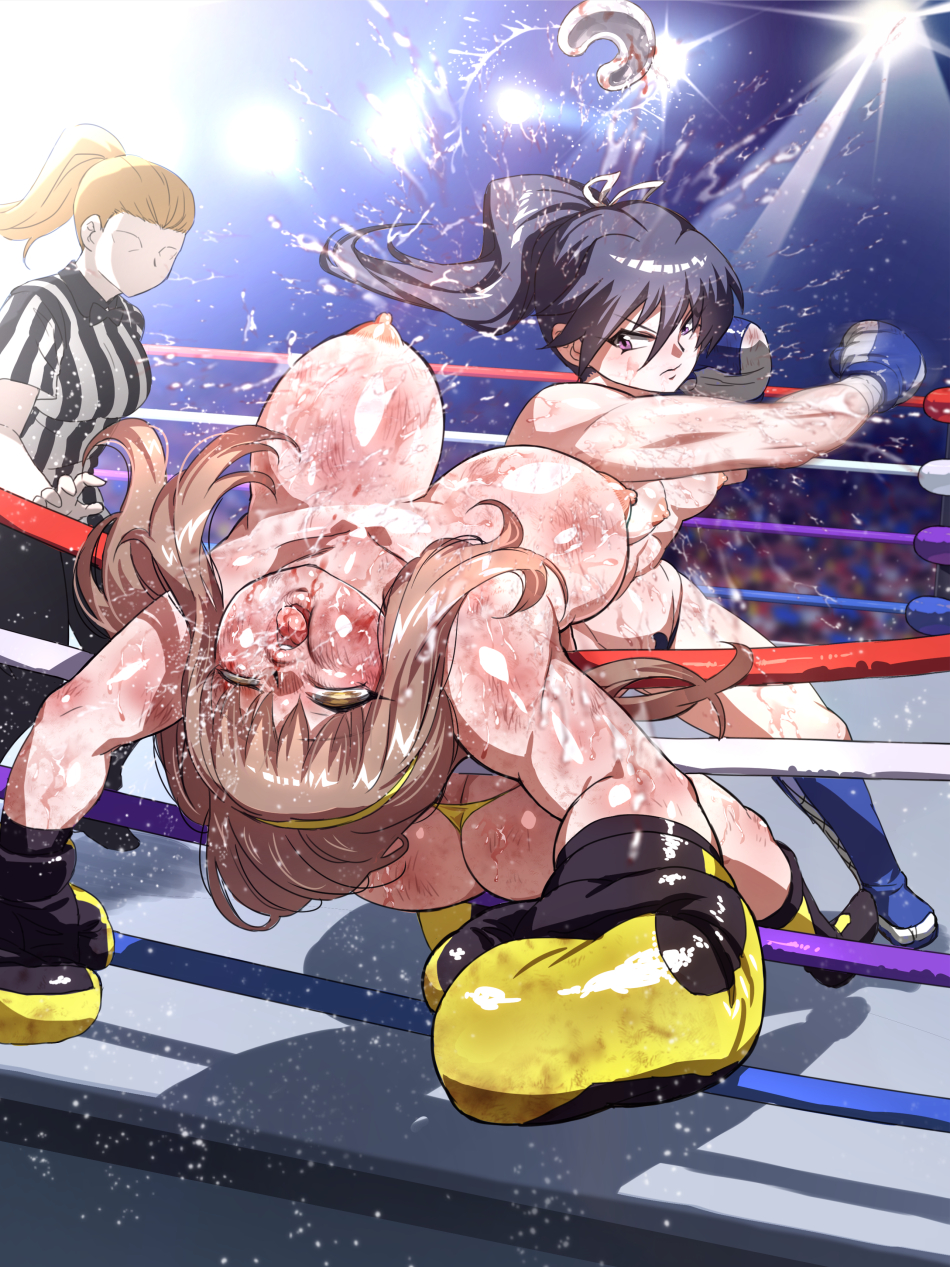 3girls artist_request bangs battle blood boxing boxing_gloves breasts brown_eyes brown_hair bruise bruise_on_face catfight defeat injury large_breasts mouth_guard multiple_girls original ponytail punched referee ryona saliva sweat thong topless unaligned_breasts unconscious