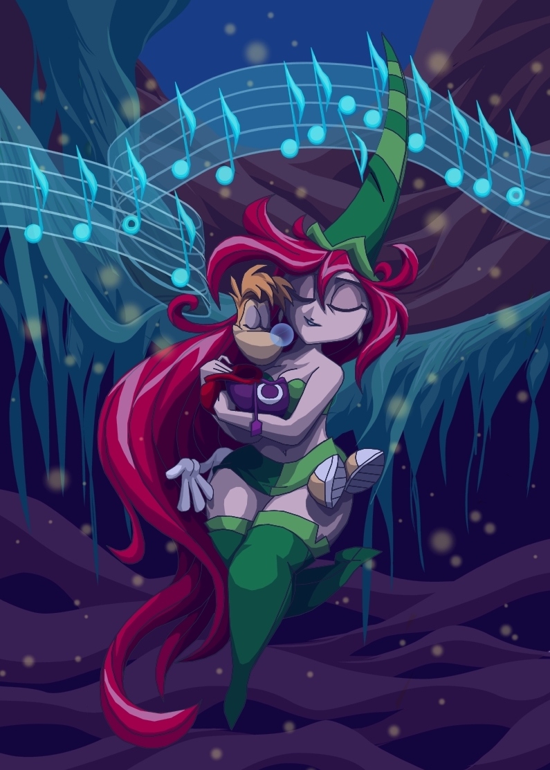 big_thighs cradling eyes_closed fairy female hair long_hair lullaby mother mother_and_son music night nymph parent rayman rayman_origins red_hair sleeping son tree tyrranux