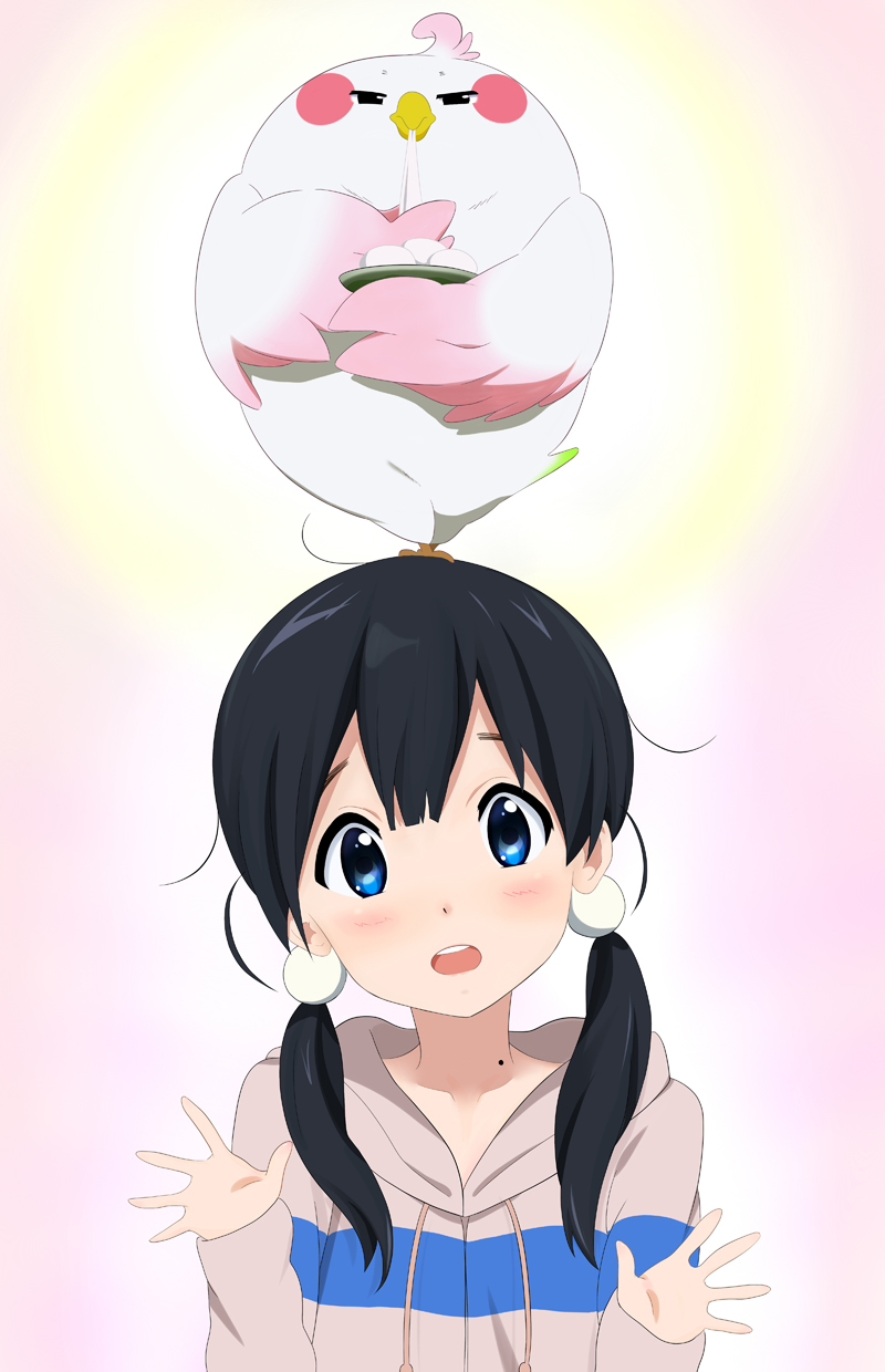 1girl bird black_hair blue_eyes dera_mochimazzui eating fortune highres kitashirakawa_tamako open_mouth tamako_market twintails