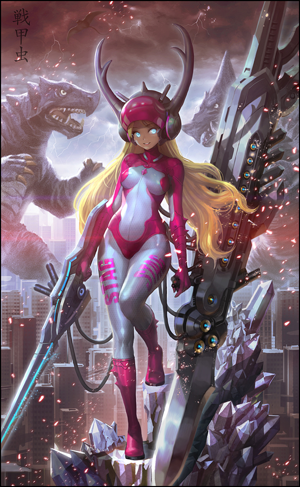 antlers aqua_eyes blonde_hair bodysuit boots breasts city crystal glowing glowing_eyes helmet huge_weapon kaijuu kilart knee_boots long_hair monster skin_tight small_breasts smile solo_focus sword weapon