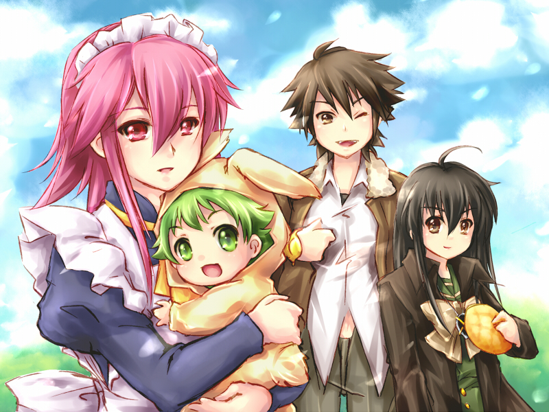 3girls alastor_(shakugan_no_shana) animal_costume baby black_hair bread brown_eyes bunny_costume food green_eyes green_hair jewelry justus long_hair melon_bread multiple_girls pendant piku pink_hair rebecca_reed school_uniform serafuku shakugan_no_shana shana short_hair wilhelmina_carmel