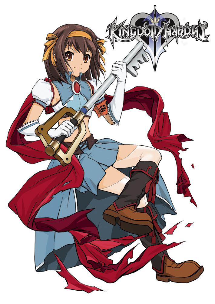 artist_request boots brown_eyes brown_hair keyblade kingdom_hearts parody skirt solo superheroine_haruhi suzumiya_haruhi suzumiya_haruhi_no_tomadoi suzumiya_haruhi_no_yuuutsu thighhighs