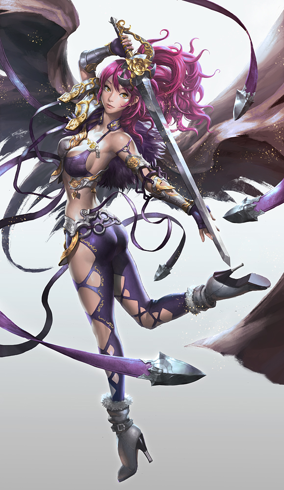 ass bad_id bad_pixiv_id bare_shoulders breasts cleavage fingerless_gloves gloves high_heels kilart large_breasts lips long_hair original pink_hair solo sword weapon yellow_eyes