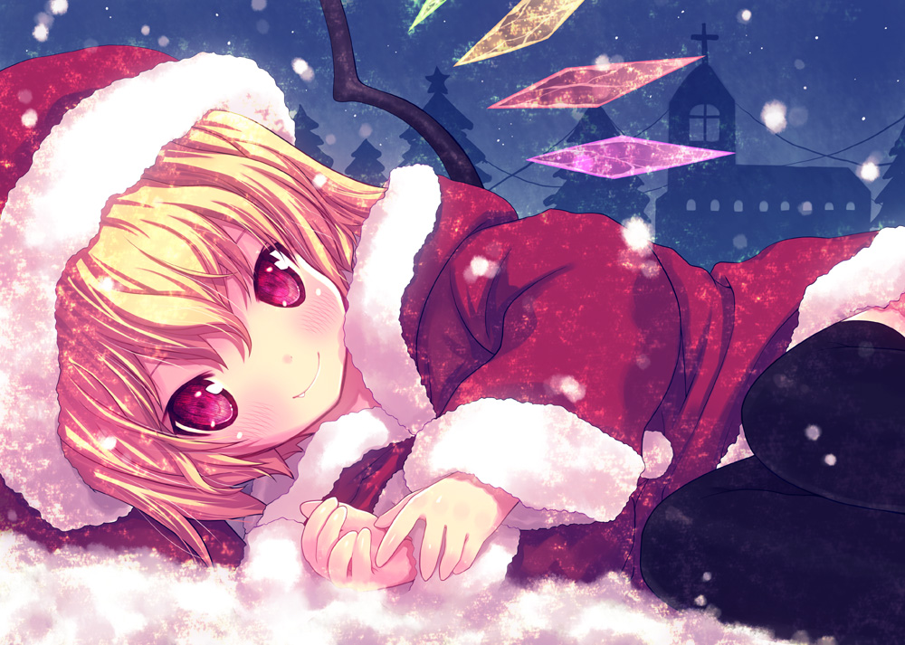 black_legwear blonde_hair blue_background blush christmas_tree church cross fang flandre_scarlet hat kiira looking_at_viewer lying on_side red_eyes revision santa_costume santa_hat side_ponytail smile snow snowing solo thighhighs touhou wings
